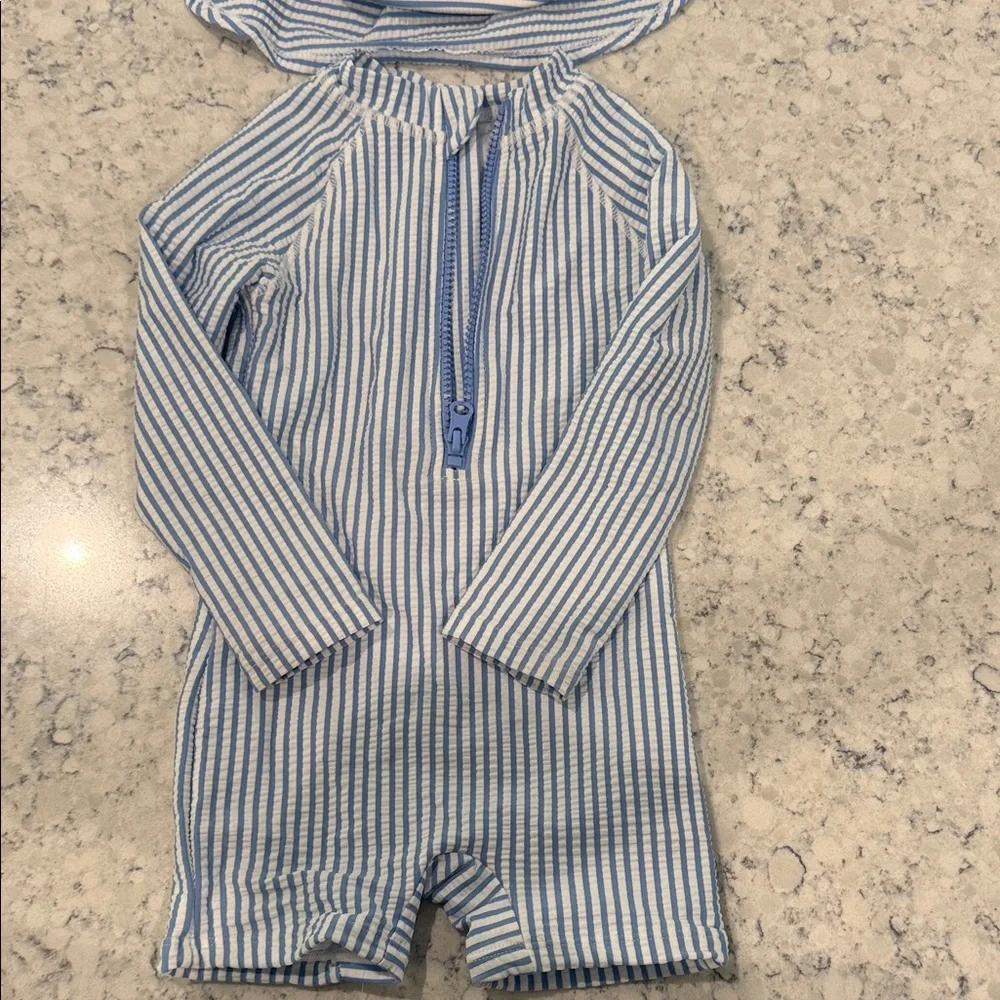 24 mo. Tommy Bahama One-Piece Seersucker Swim Suit in Blue and White Stripes